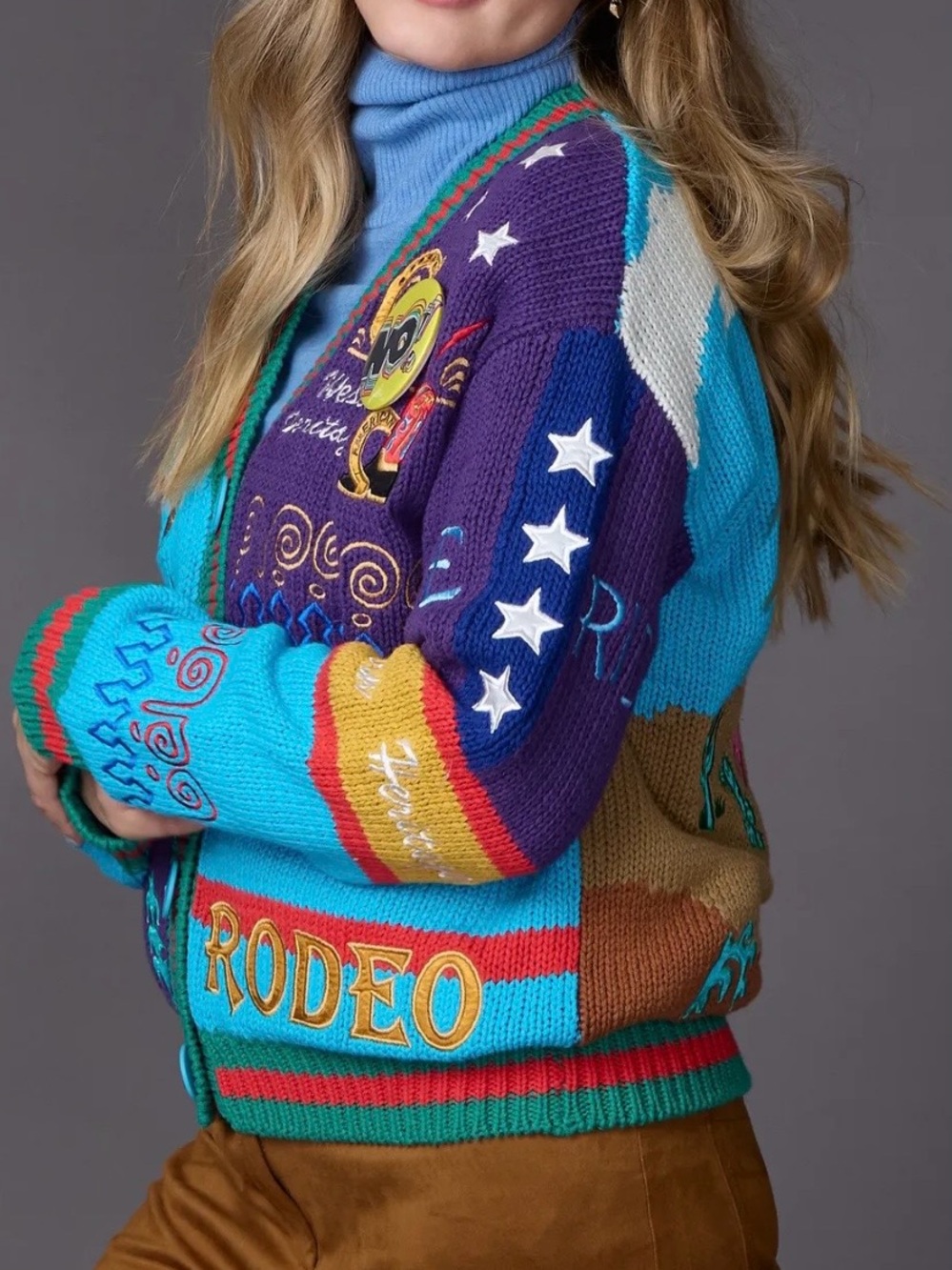 Colorful Patchwork Rodeo Cardigan Sweater - Turquoise & Purple - Picture 5 of 16